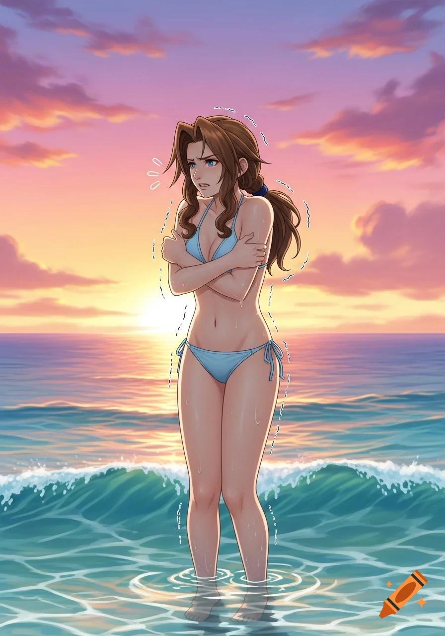 Aerith Gainsborough in a blue bikini, shivering with crossed arms in the ocean at sunset, anime style.