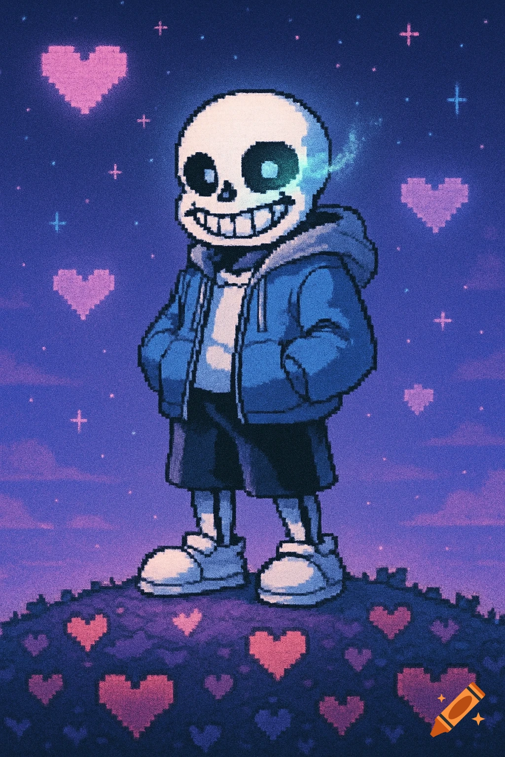 Pixel art of Sans from Undertale standing on a hill of pixel hearts under a purple, star-filled sky.