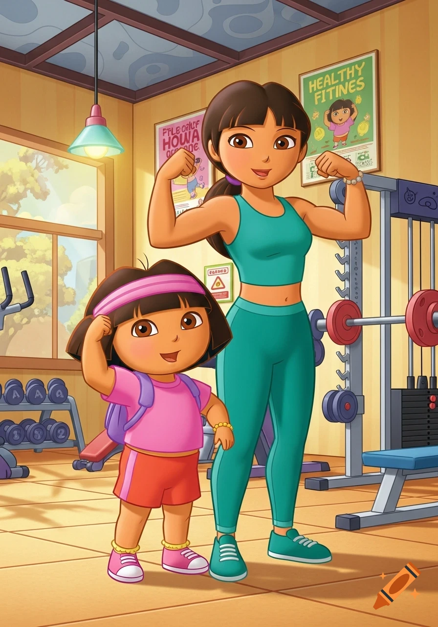 Dora the Explorer and her mom, both flexing their muscles, stand in a colorful cartoon gym.