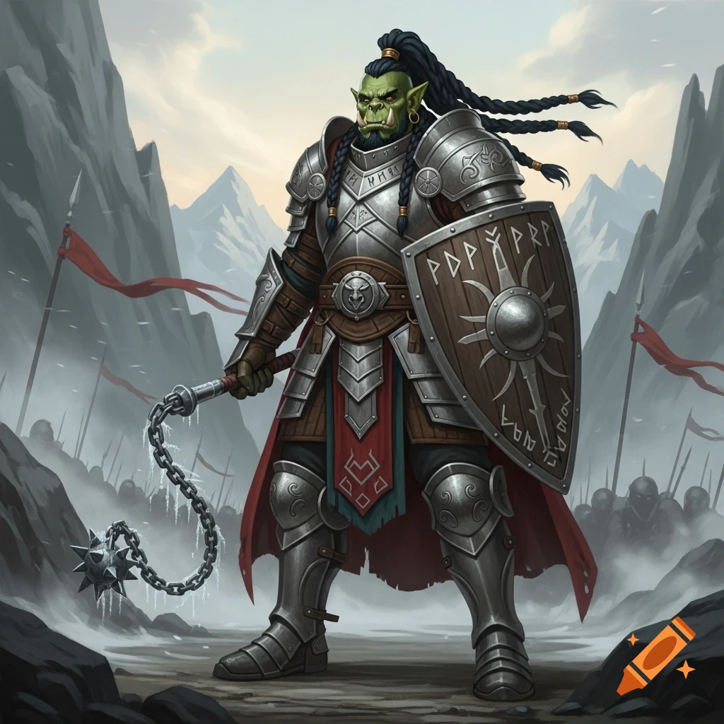 An armored orc commander with green skin and dark braids stands in a mountainous battlefield, wielding a flail and a shield with runes.