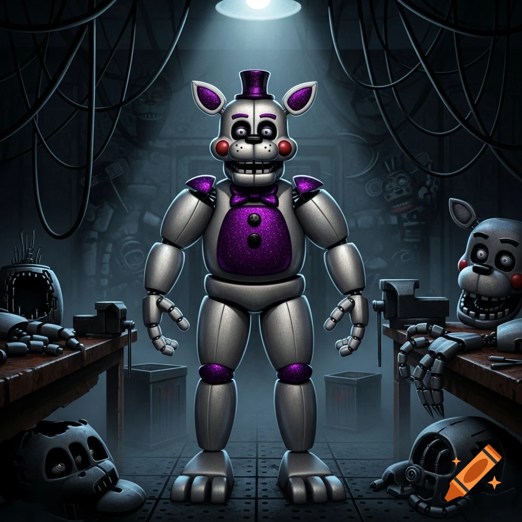 Funtime Freddy, a white and purple animatronic, stands in a dark workshop surrounded by disassembled robot parts.
