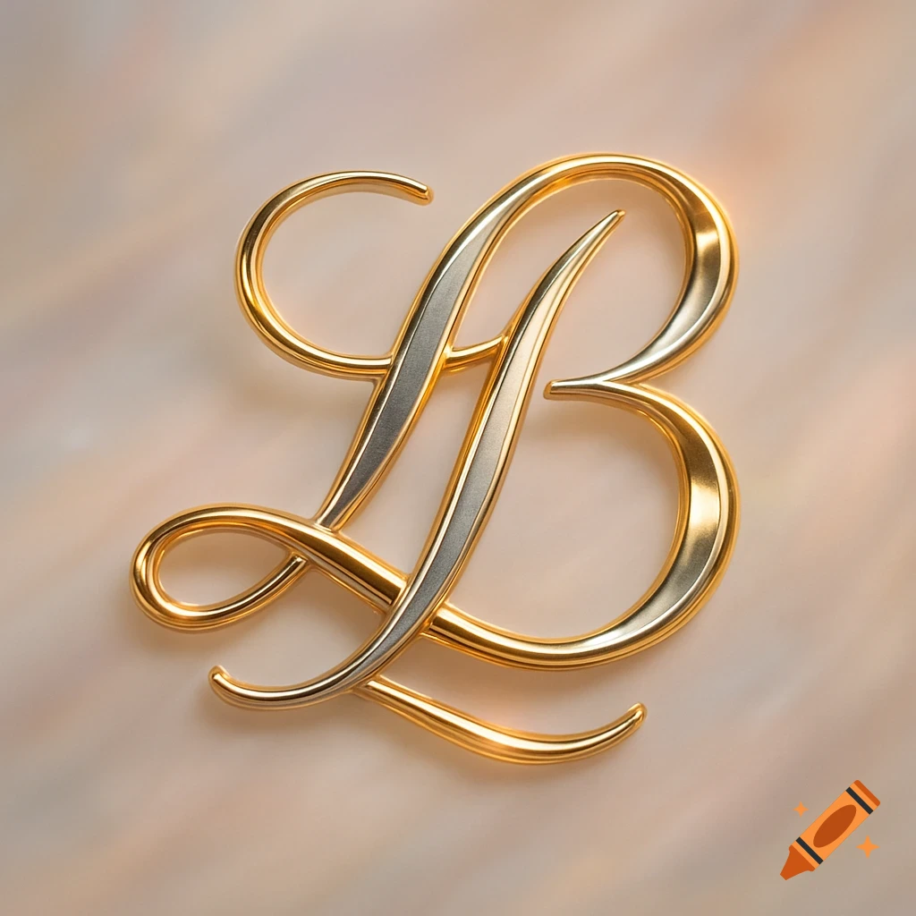 Intertwined gold and silver initials LB on a soft, light background with pink highlights.