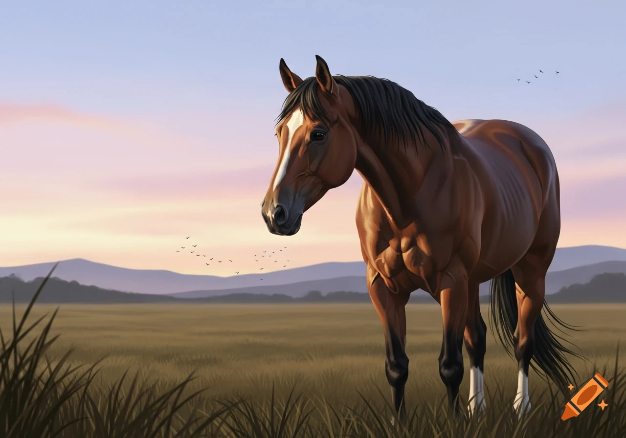 A brown horse with a white blaze stands in a grassy pasture at sunrise, with distant mountains under a pastel sky, rendered in an illustration style.