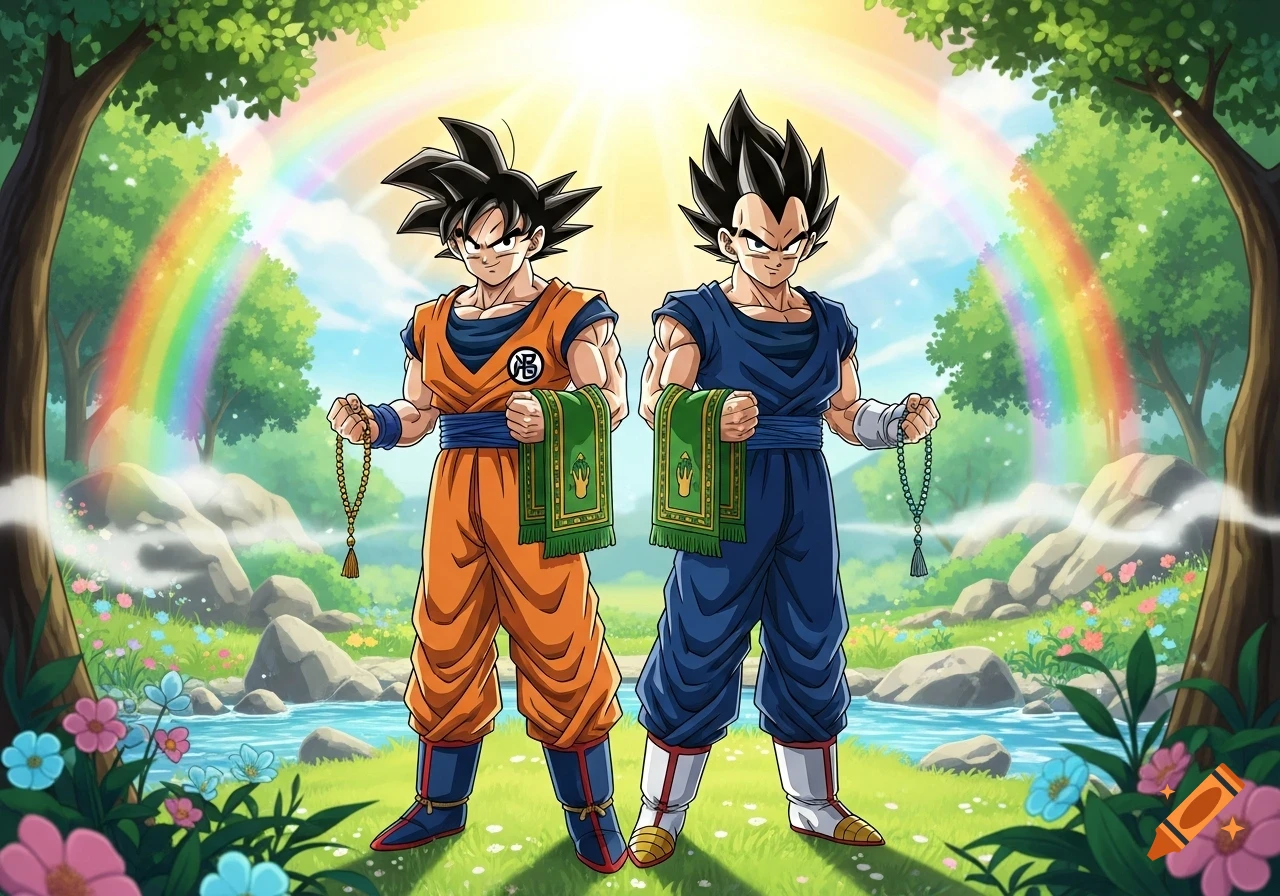 Goku and Vegeta stand in a vibrant anime landscape with a rainbow, each holding a green prayer rug and prayer beads.