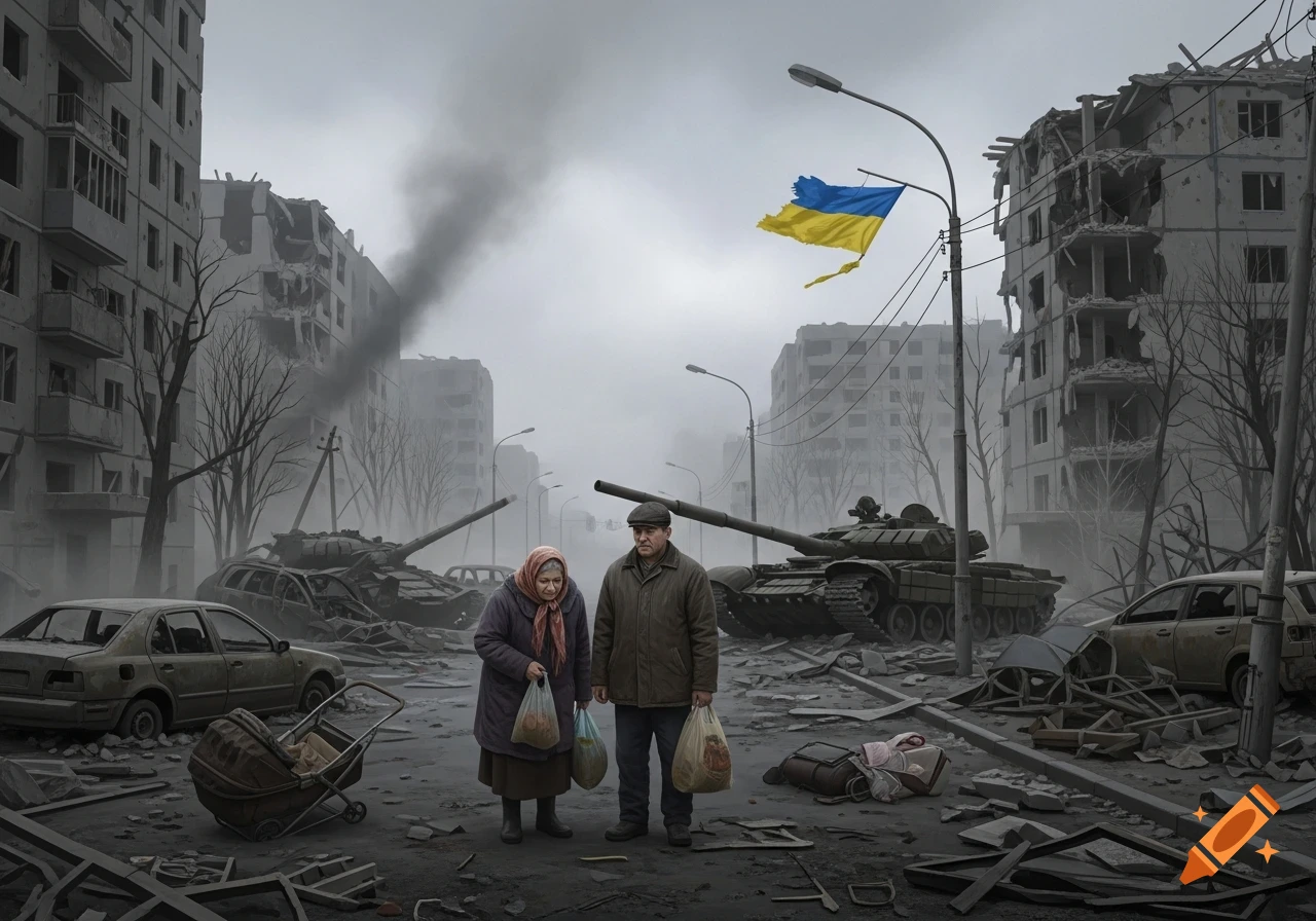 An elderly couple walks through a war-torn city street with destroyed buildings, tanks, and a tattered Ukrainian flag. Realistic.
