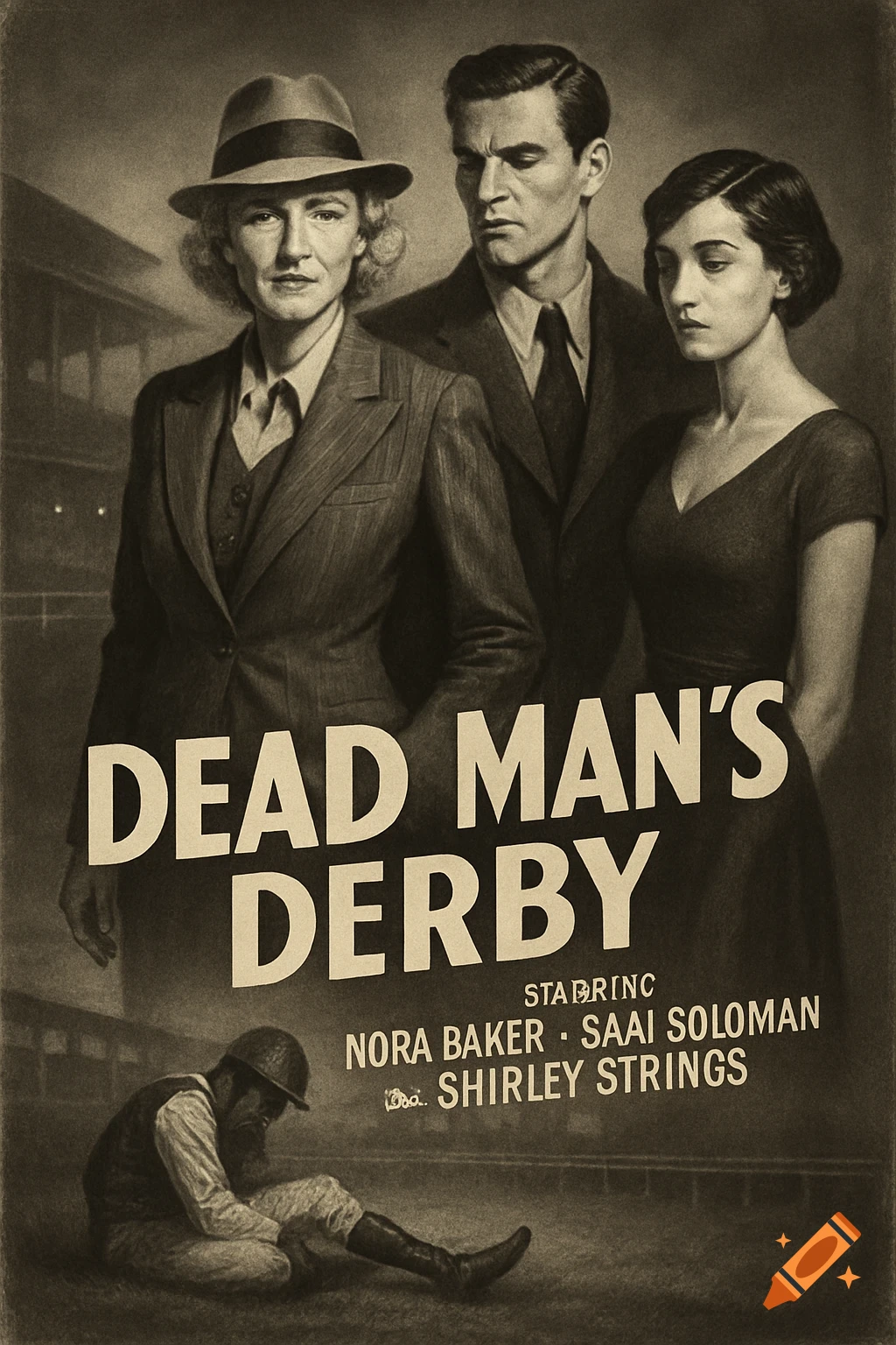 A sepia-toned 1930s film noir poster for "Dead Man's Derby" showing a woman in a fedora, a man in a suit, and a woman in a dress standing over a dejected jockey.