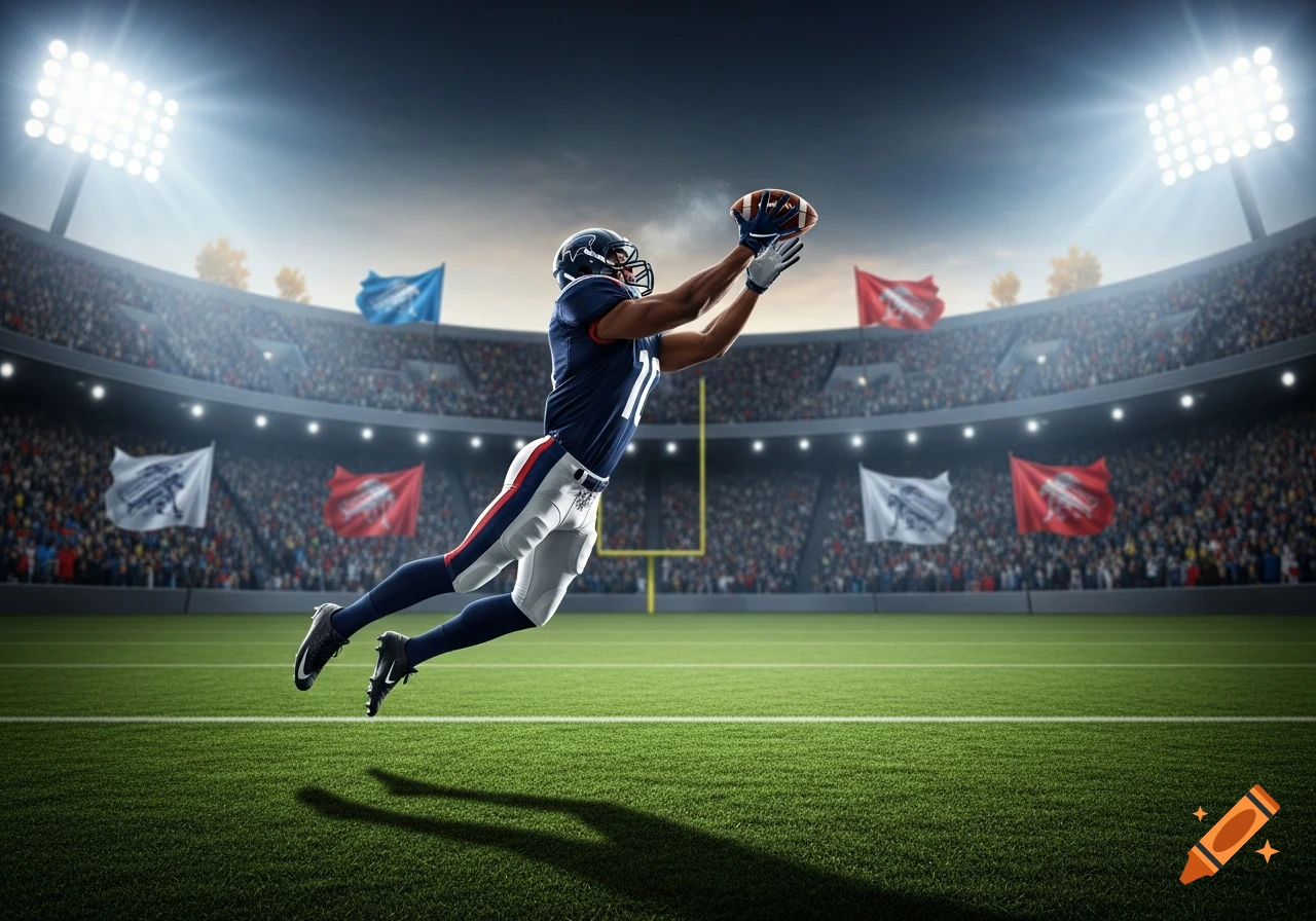 Photorealistic image of an American football player in a blue uniform leaping to catch a football in a stadium.
