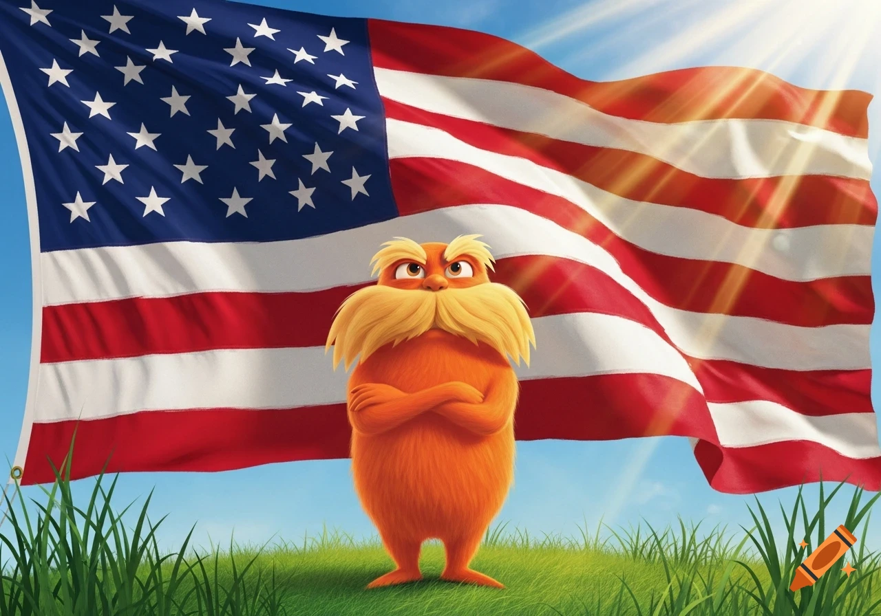 The Lorax character, an orange creature with a large yellow mustache, stands with arms crossed in front of a waving American flag under a bright, sunny blue sky.