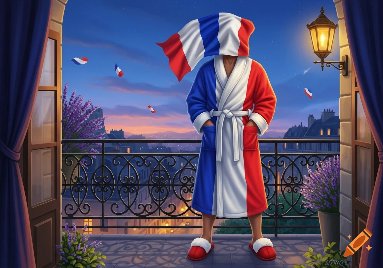 Illustrated person in French flag bathrobe and slippers, French flag over head, on a balcony overlooking a city at dusk.
