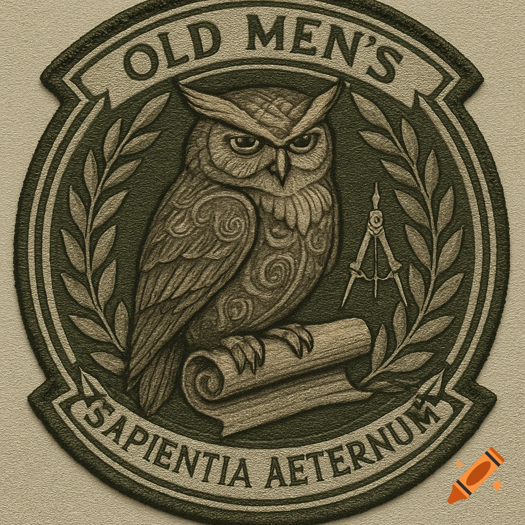 Vintage embossed patch emblem featuring an owl, scroll, and compass, with 'OLD MEN'S SAPIENTIA AETERNUM' text.