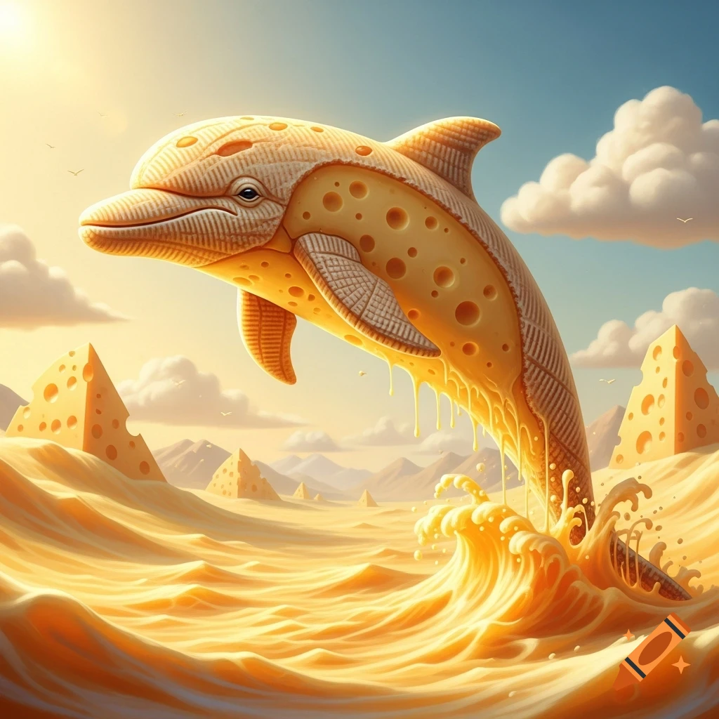A whimsical cheese dolphin leaps from a wavy cheese ocean with cheese pyramids in the background under a sunny sky.