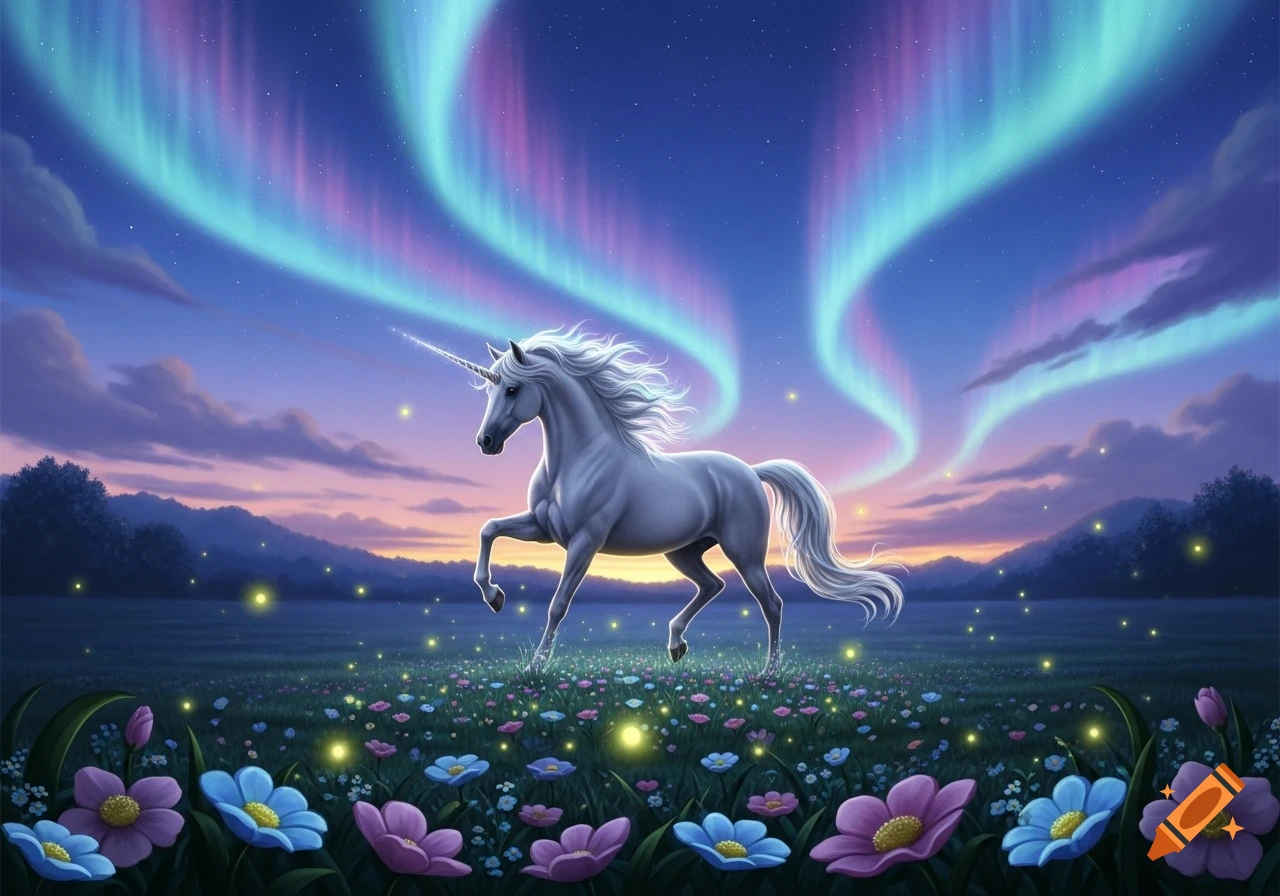 A white unicorn with a flowing mane prancing in a field of colorful, glowing wildflowers under a night sky with aurora borealis.