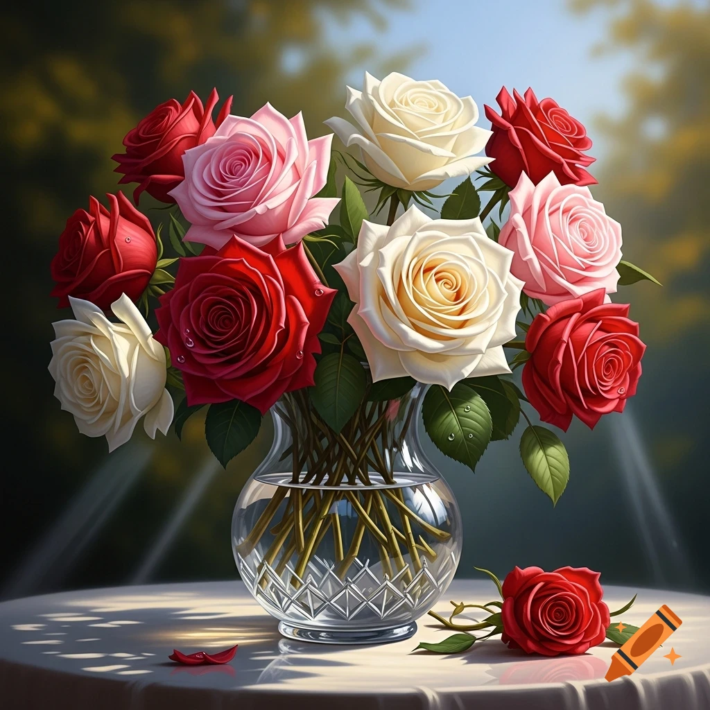 A photorealistic bouquet of red, pink, and white roses in a glass vase on a white table, with a single red rose lying next to it.