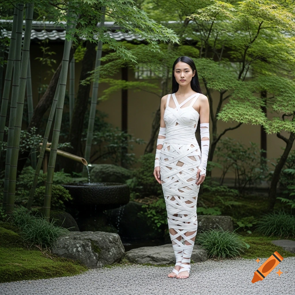 A Japanese woman in a white bandage dress stands in a serene traditional Japanese garden with bamboo and a water feature.