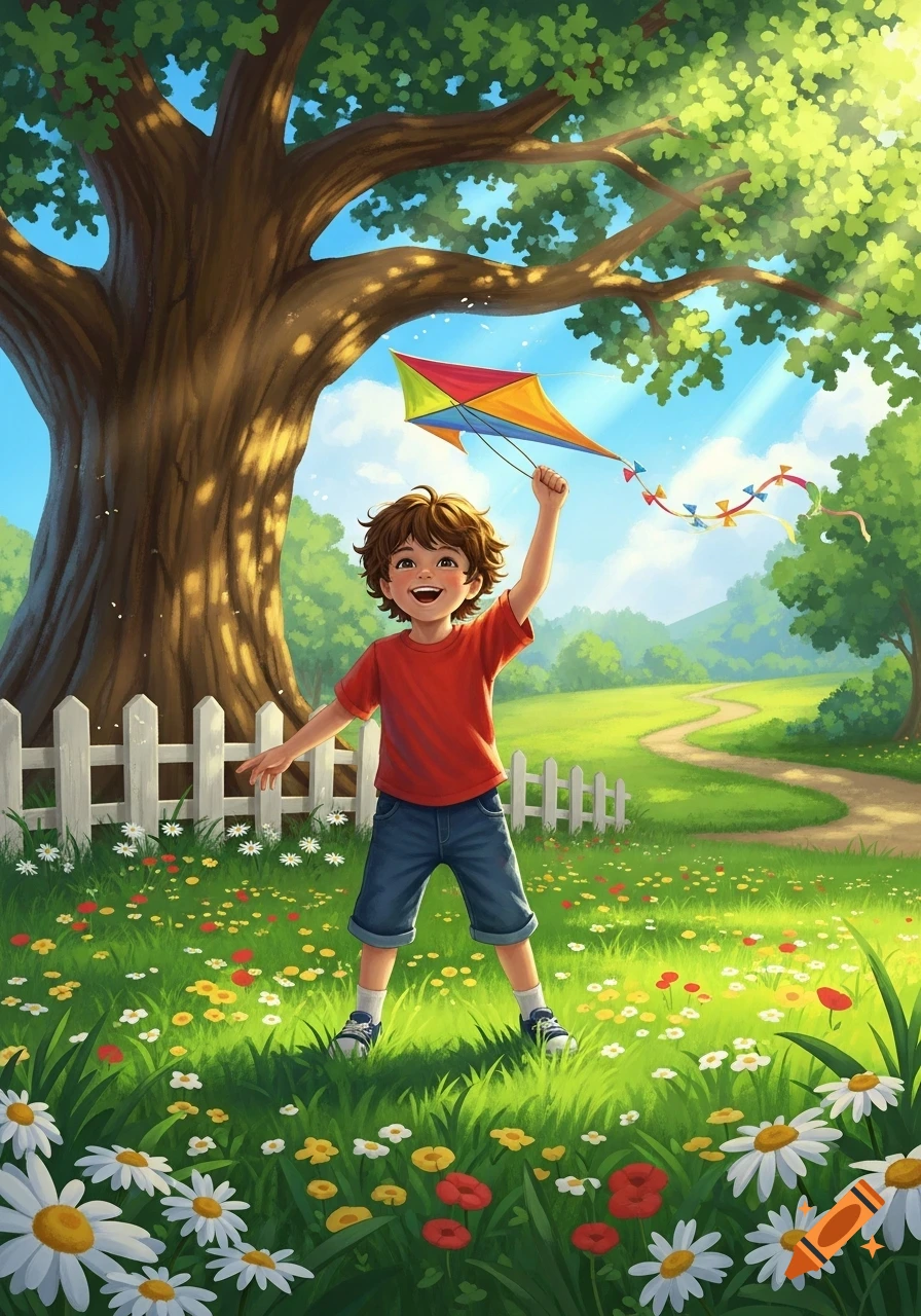A vibrant illustration of a happy little boy flying a colorful kite in a sunny park filled with wildflowers, a big tree, and a white fence.