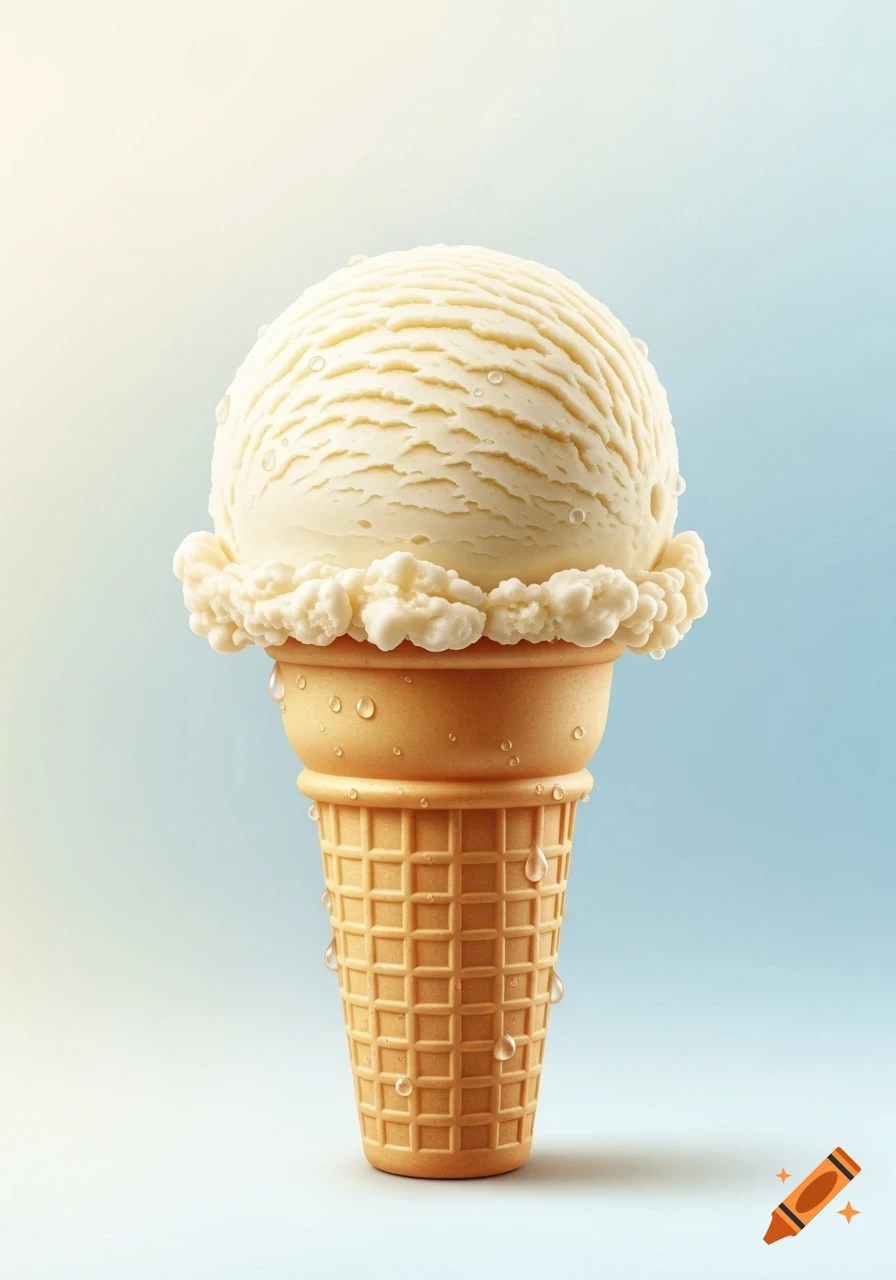 A single scoop of vanilla ice cream with melting droplets on a waffle cone, against a soft blue and yellow gradient background.