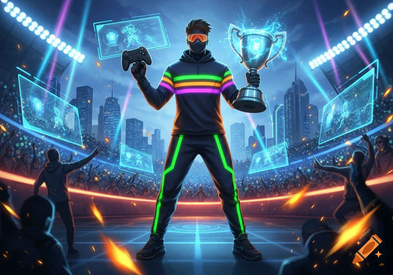 An esports champion in a neon-striped suit holds a glowing trophy and controller in a futuristic stadium with holographic screens.