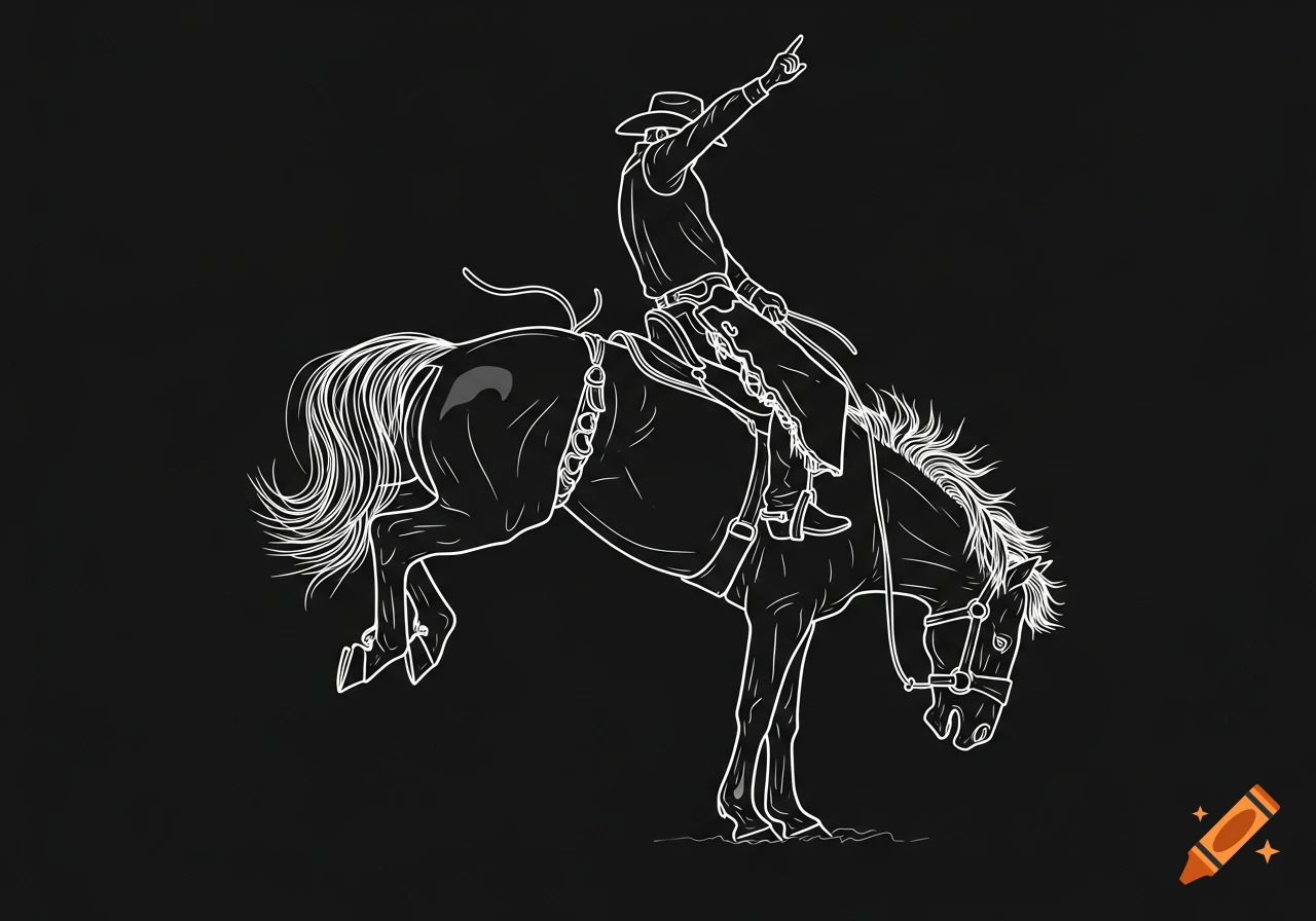 White outline sketch of a cowboy riding a bucking horse against a black background. The cowboy has one arm raised.