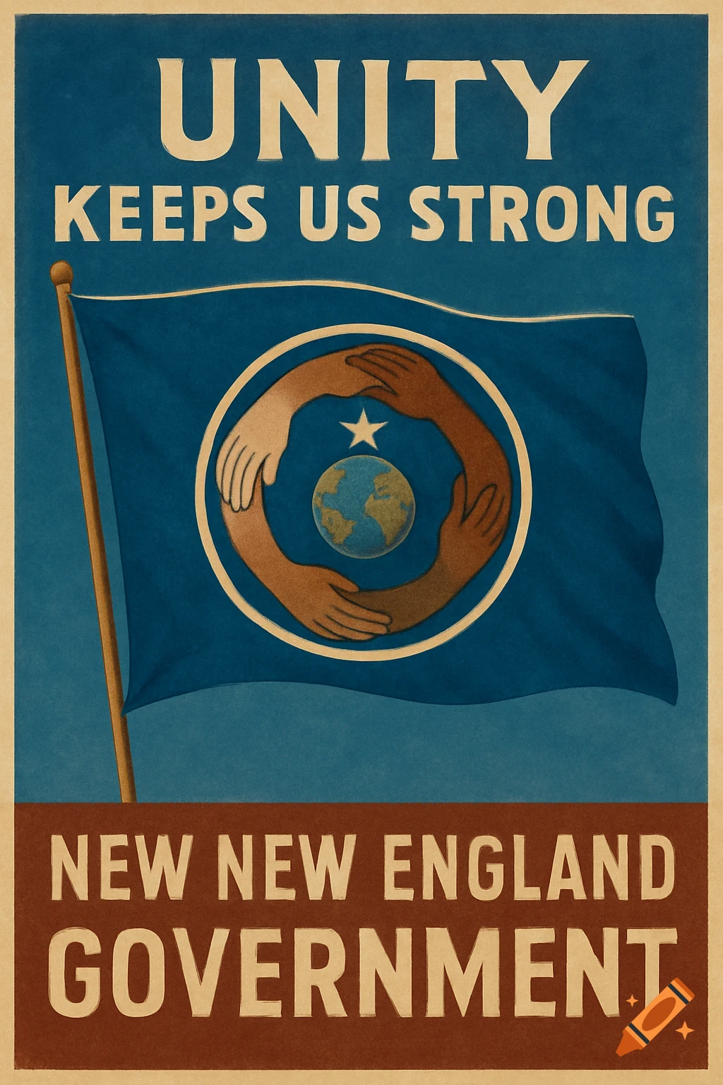 Vintage propaganda poster with text 'Unity Keeps Us Strong' and 'New New England Government'. A blue flag features diverse hands forming a circle around a globe and star.
