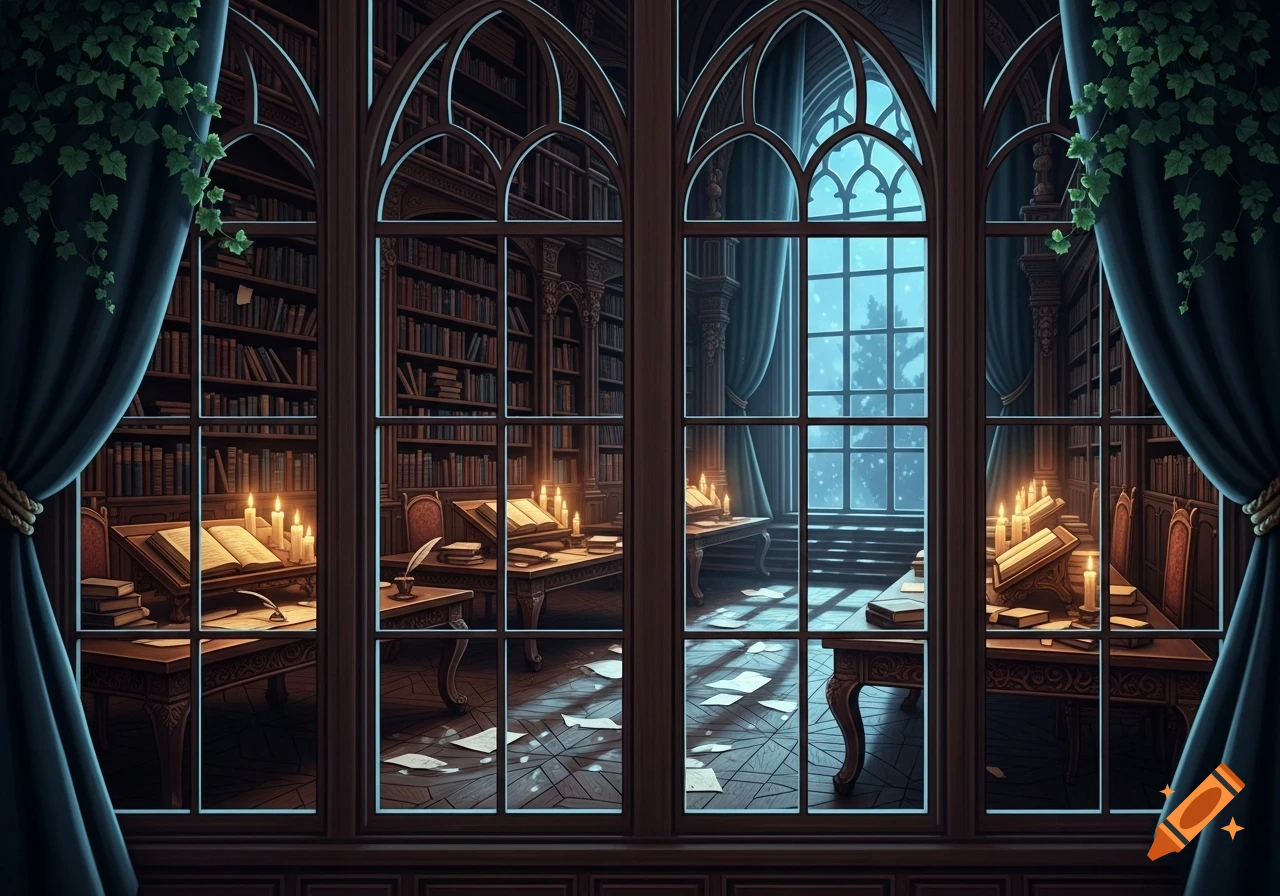A detailed view through gothic arched windows into a dark academia library, illuminated by candles, with snow falling outside.