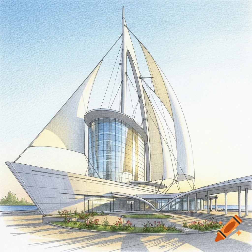 A colored pencil sketch of a futuristic building resembling a large sailboat, with a glass tower and white sails, against a clear sky.