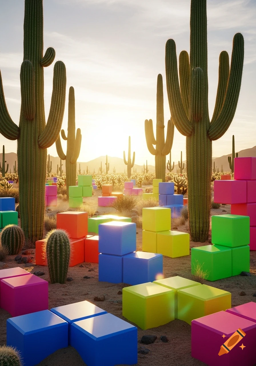 Photorealistic desert landscape at sunset, featuring tall saguaro cacti amidst a field of brightly colored Tetris blocks.