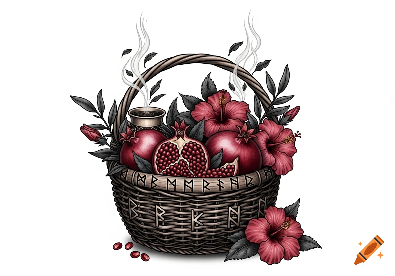A basket filled with red pomegranates, some open, and red hibiscus flowers, depicted in a dark witchcraft style with runic symbols.