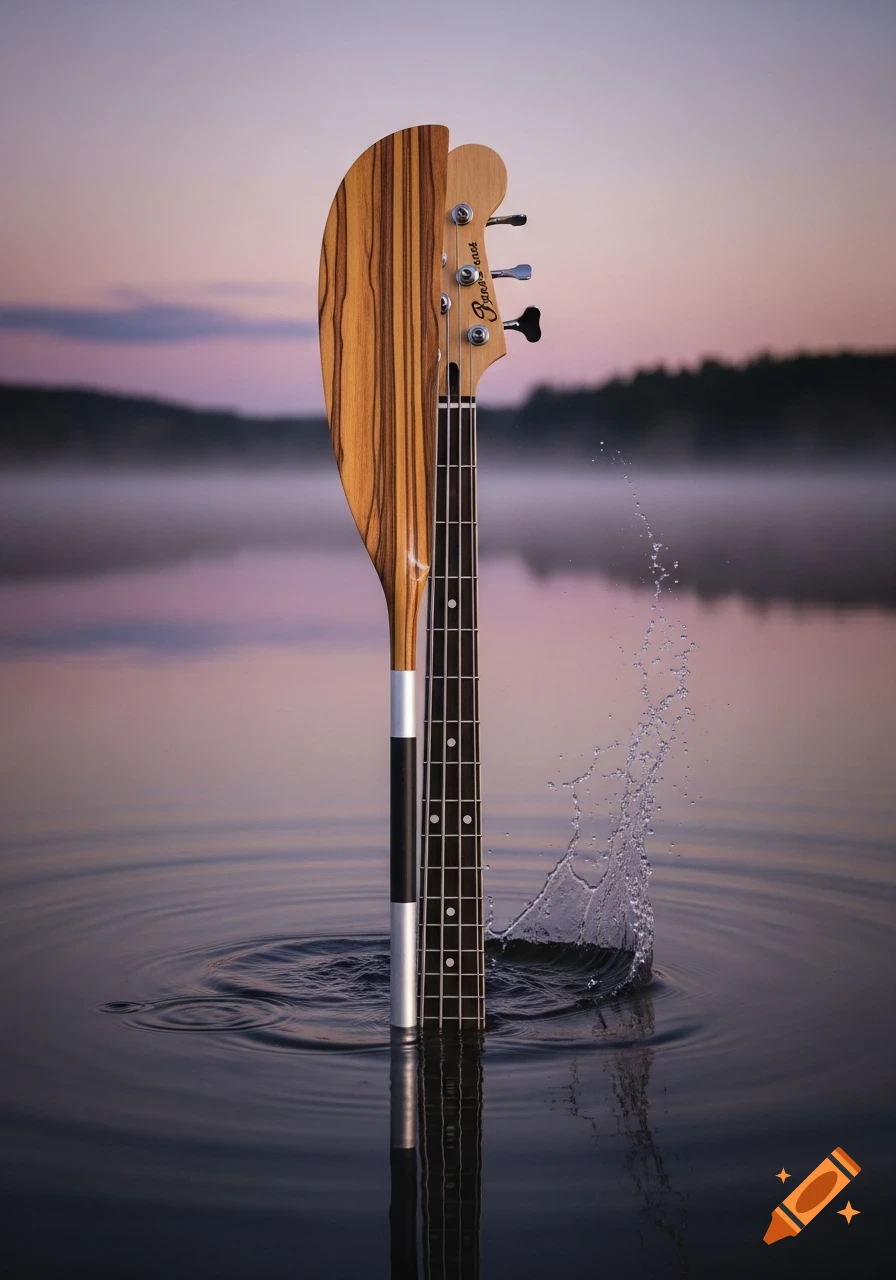 A bass guitar neck and kayak paddle blade merge, rising from a misty lake at sunset with splashing water.