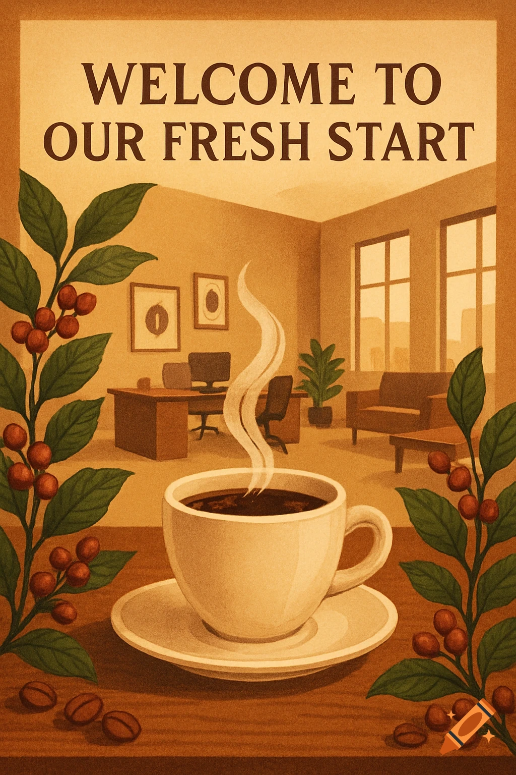 Illustration of a steaming coffee cup and coffee plant branches in front of an office scene with the text 'WELCOME TO OUR FRESH START'.