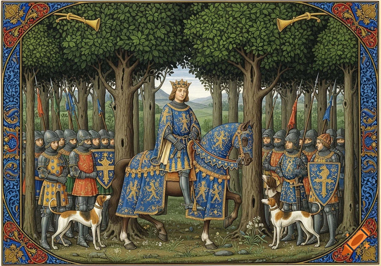 A king on horseback in ornate blue and gold attire, flanked by soldiers and dogs in a forest, depicted in medieval illuminated manuscript style.