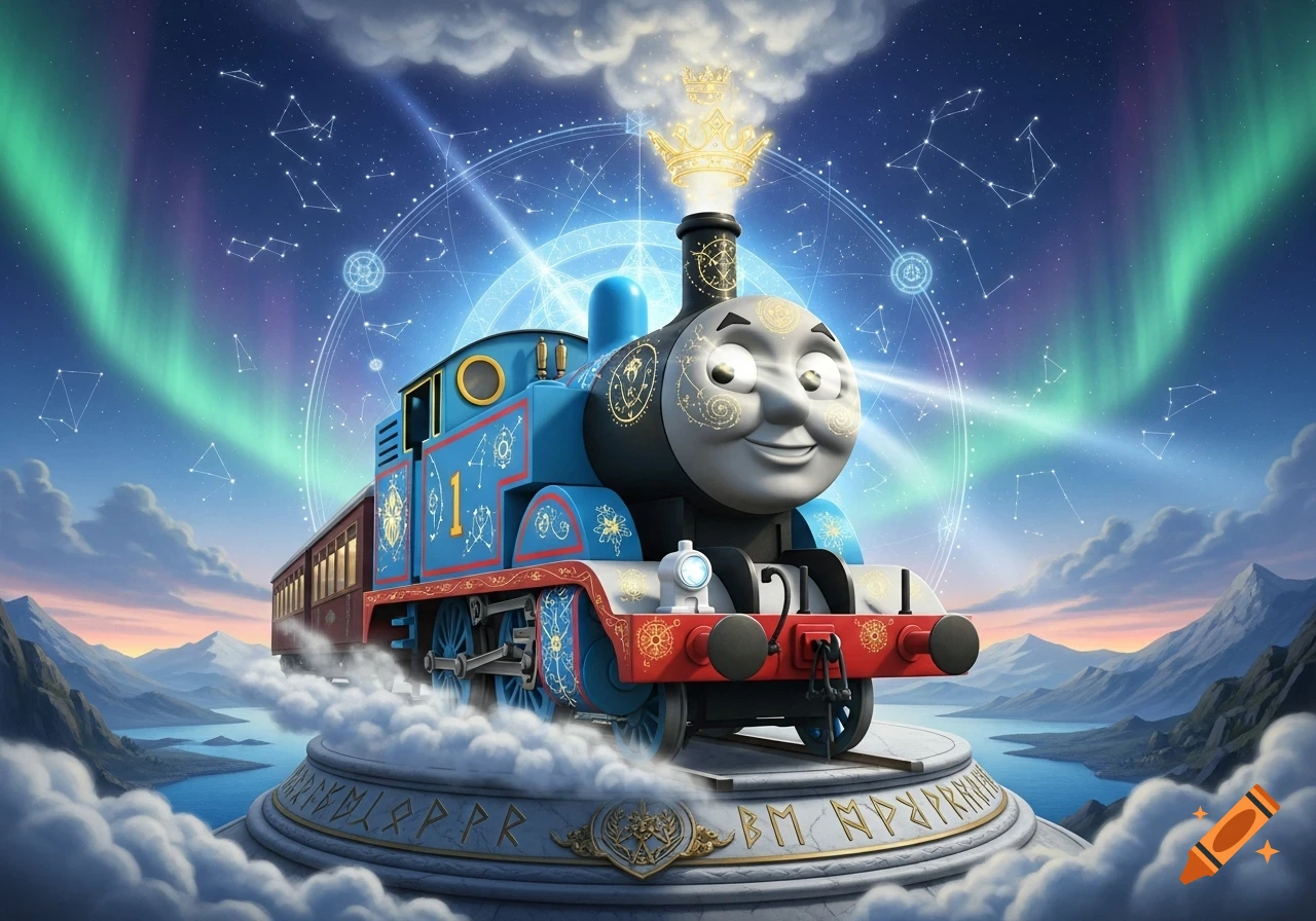 Thomas the Tank Engine, adorned with golden celestial patterns and a crown, stands on a rune-covered pedestal against a starry sky with aurora borealis over mountains.