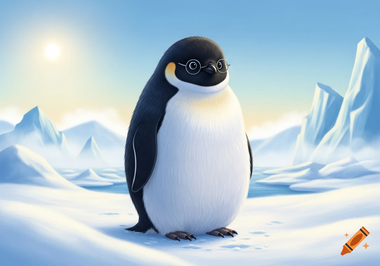 A fluffy penguin wearing round glasses stands in a snowy arctic landscape with icebergs and a bright sun.