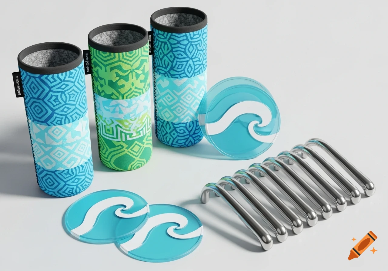 Three patterned water bottle koozies, three coasters with a wave logo, and eight metal bottle openers/handles on a white background.
