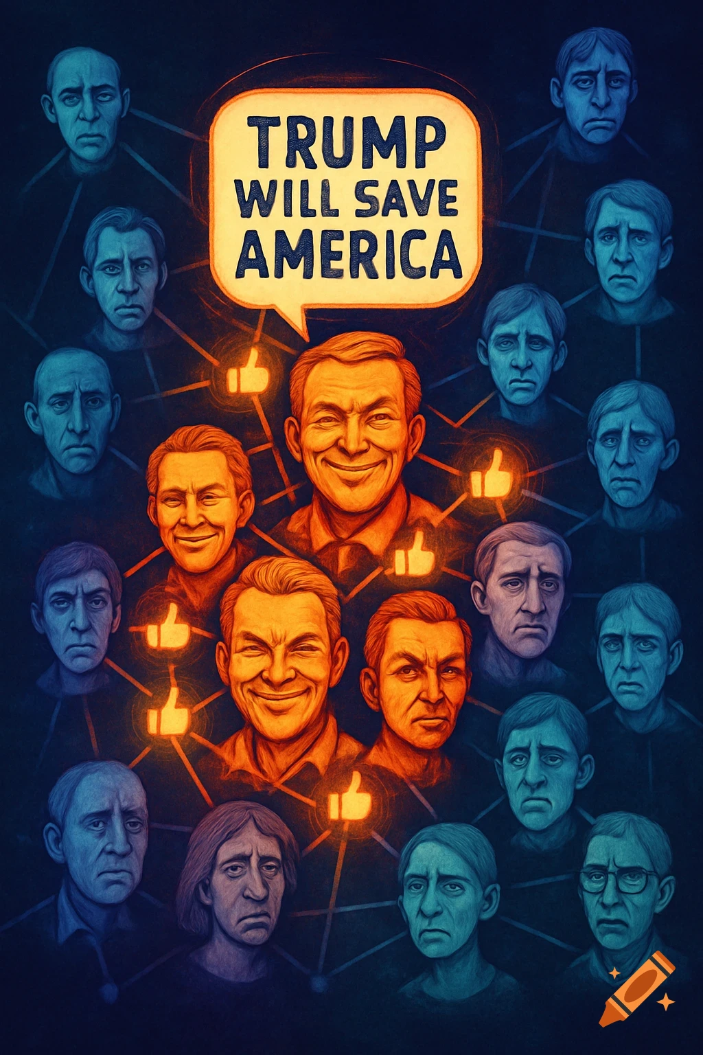 Illustration of a social media echo chamber with a central happy man saying 'TRUMP WILL SAVE AMERICA,' connected to happy followers, surrounded by sad, blue-toned faces.