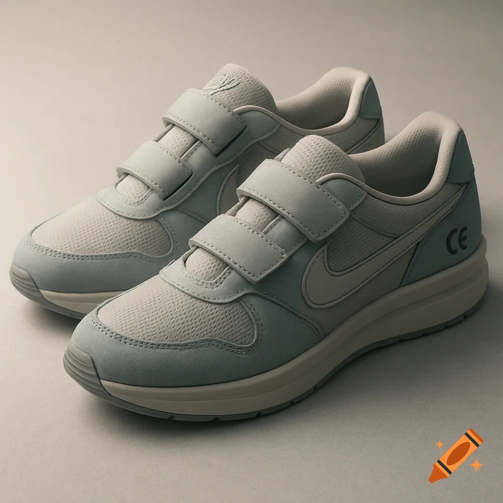A pair of light grey and blue Nike sneakers with velcro straps and a 'CE' mark on the heel, displayed on a light background.