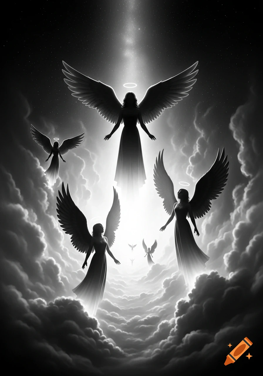 Multiple black and white angelic silhouettes with halos and large wings float amidst dark and luminous clouds, bathed in celestial light.
