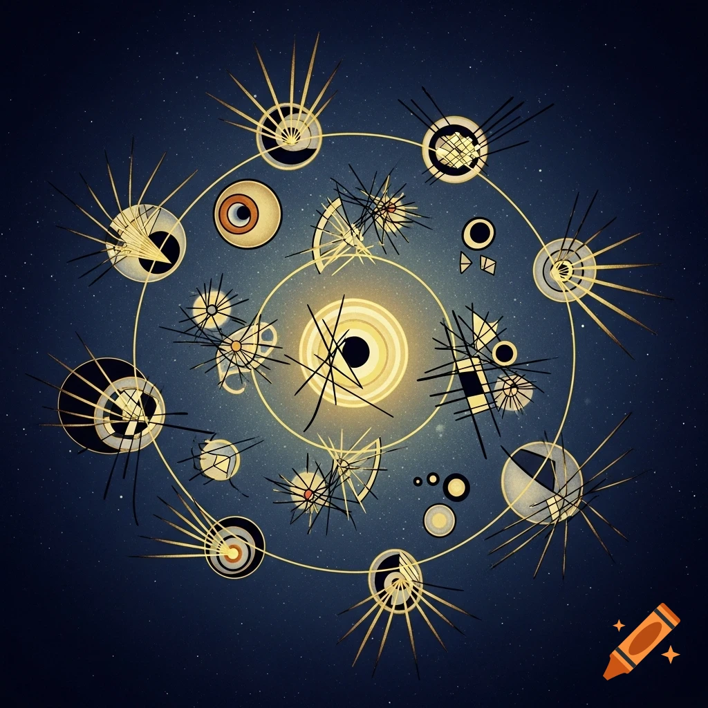 Abstract composition in Kandinsky style with glowing gold concentric circles and radial lines on a dark blue, starry background.