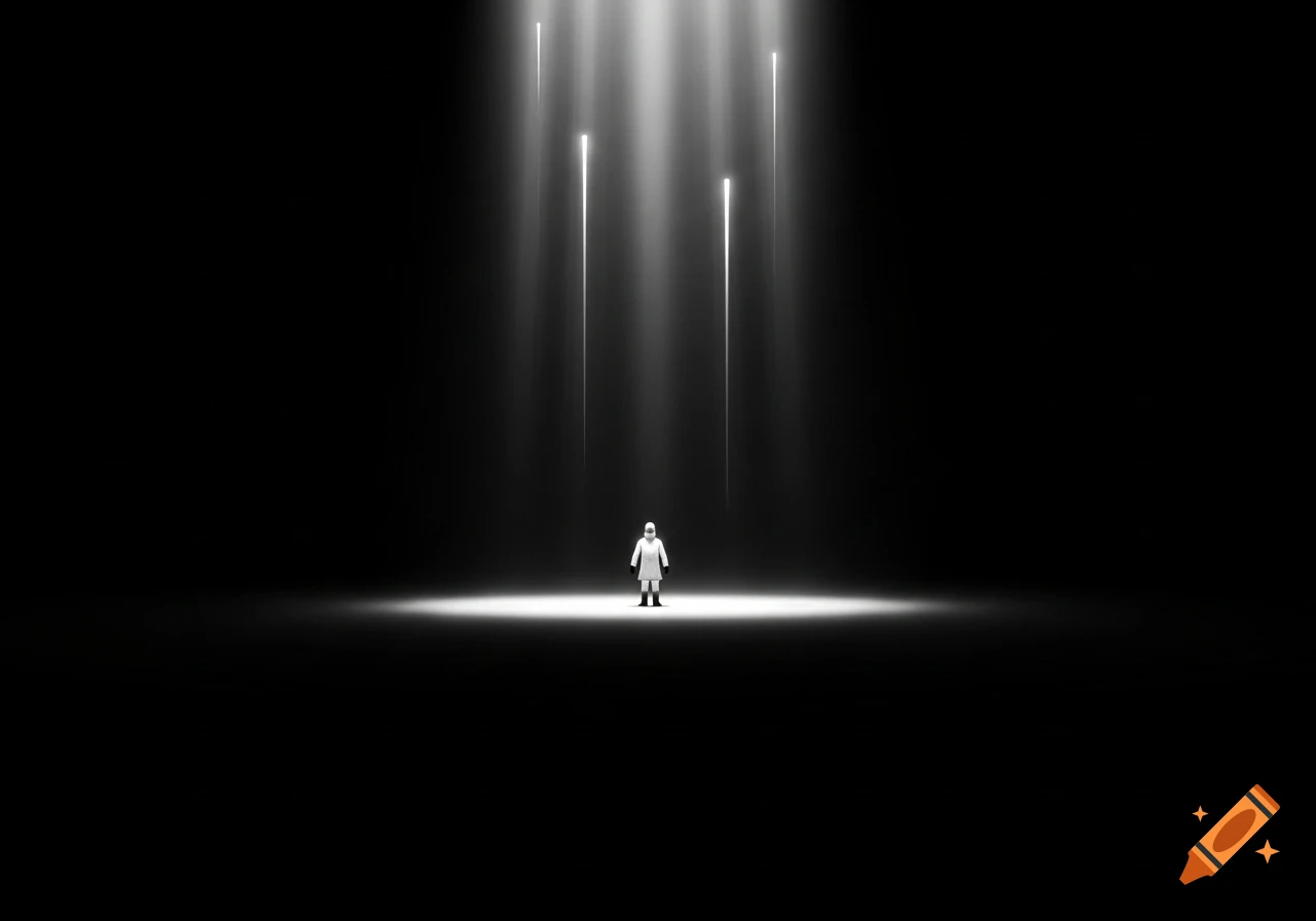A small figure in a white coat stands under multiple bright vertical light beams in a vast, dark, minimalist space.