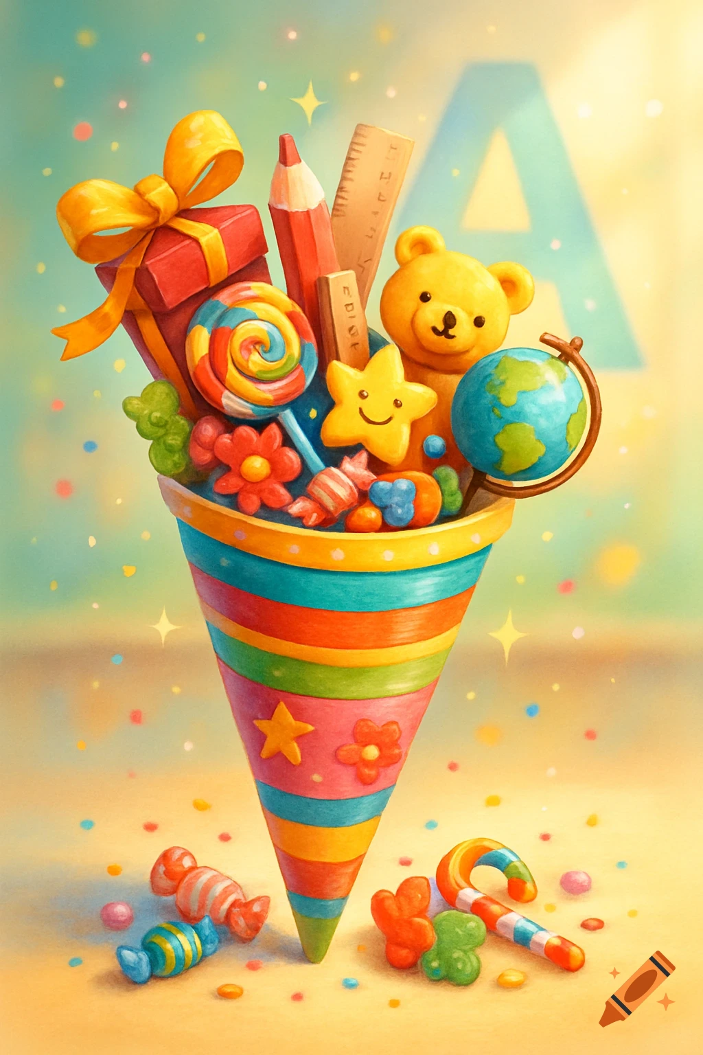 Colorful illustration of a school cone filled with candies, gifts, school supplies, a teddy bear, and a globe, with a subtle 'A' in the background.