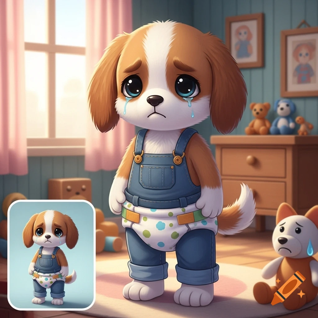 A sad cartoon puppy in blue overalls and a diaper cries in a child's room, with a smaller inset image of the puppy.