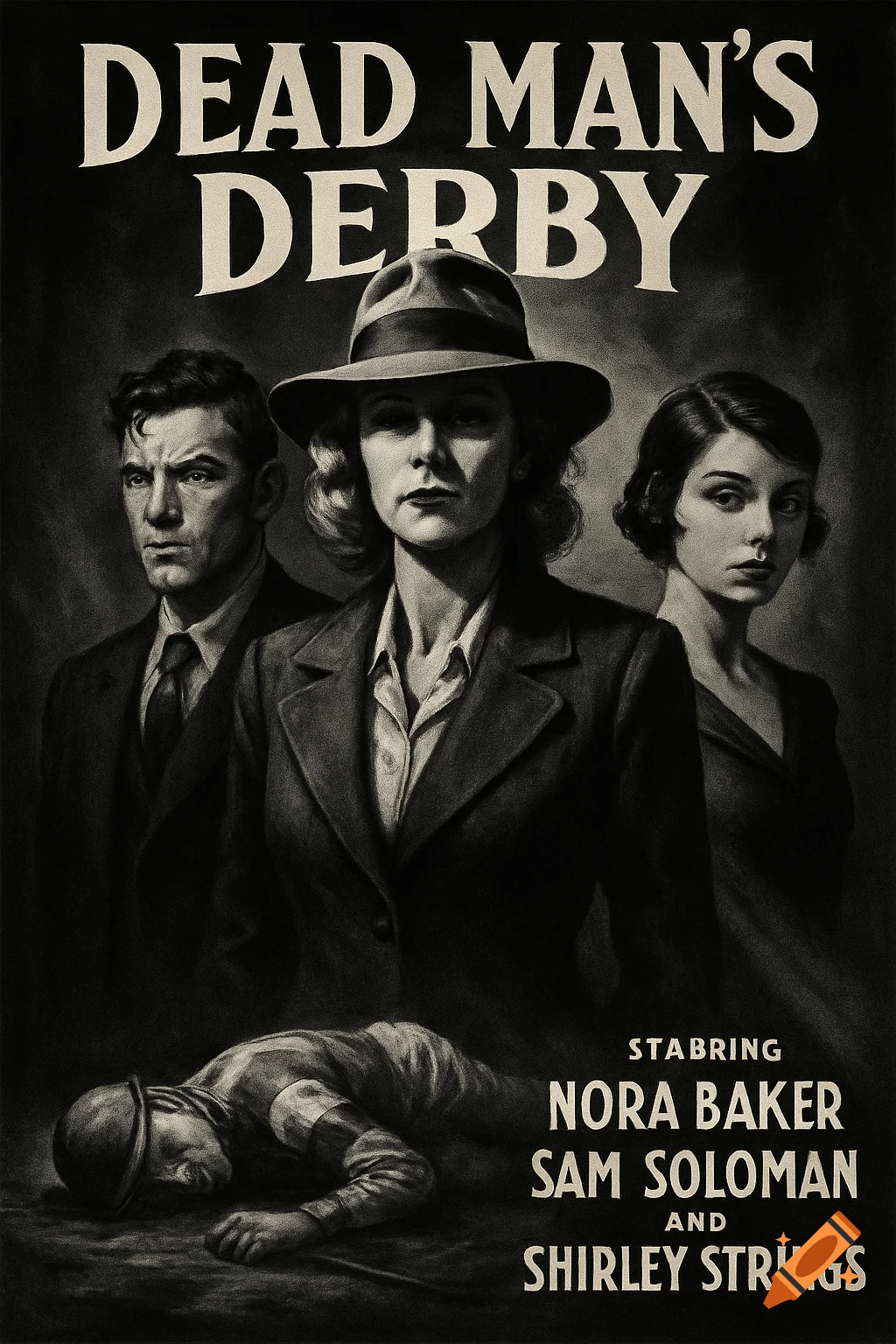 A black and white 1930s film noir movie poster for "Dead Man's Derby," featuring a woman in a fedora, a man, and another woman, with a fallen jockey at the bottom.