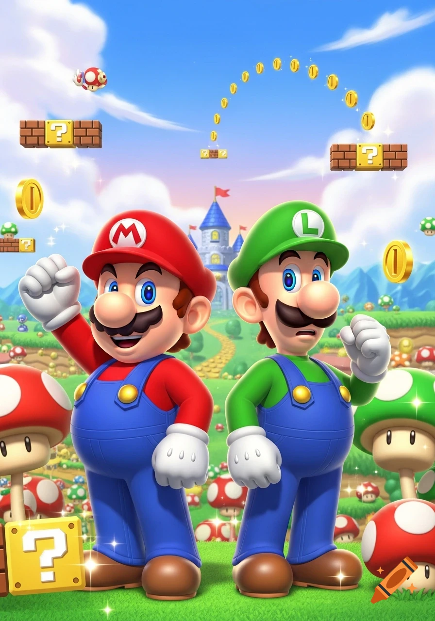 Mario and Luigi stand in a vibrant Super Mario Bros. landscape with a castle, coins, and mushroom power-ups.