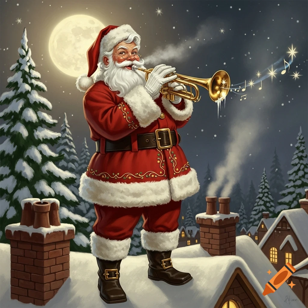 Santa Claus plays a golden trumpet on a snowy rooftop under a full moon, with glowing musical notes, pine trees, and village houses.