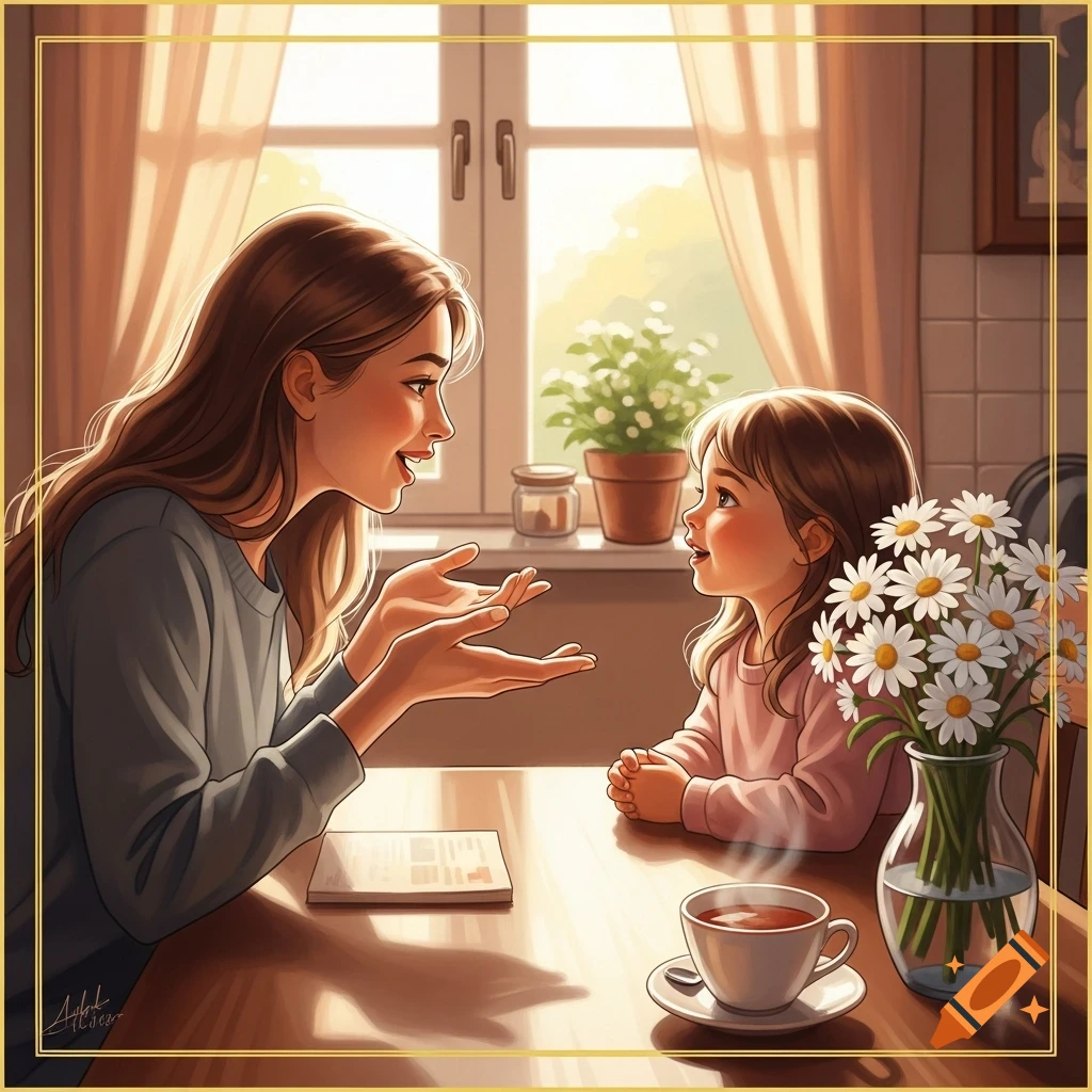 An illustration of a mother and daughter talking at a sunlit table with tea and daisies.