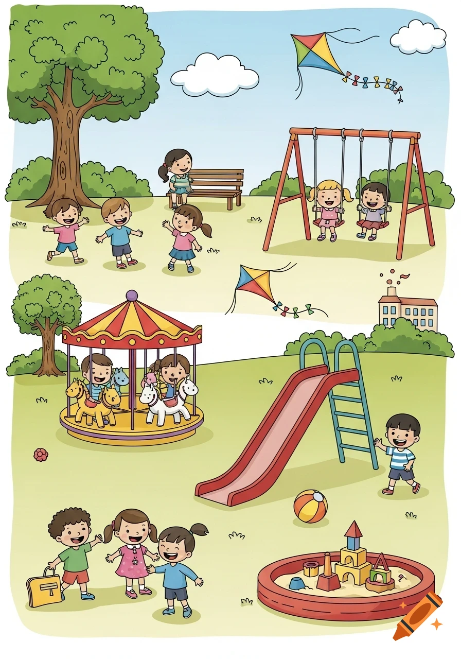 Cartoon illustration of diverse children playing happily in a vibrant playground with swings, slide, merry-go-round, and sandbox.