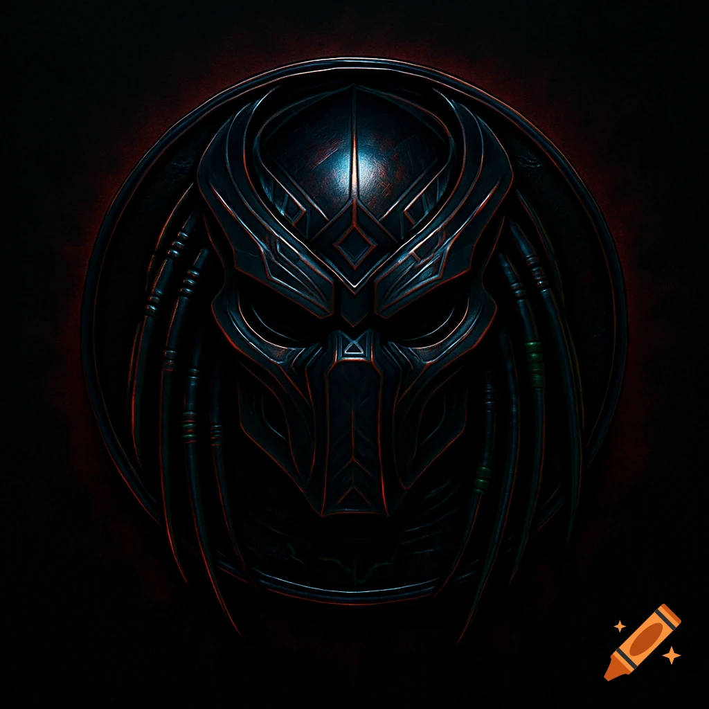 A dark, metallic, stylized Predator mask with dreadlocks and glowing red accents on a dark background.