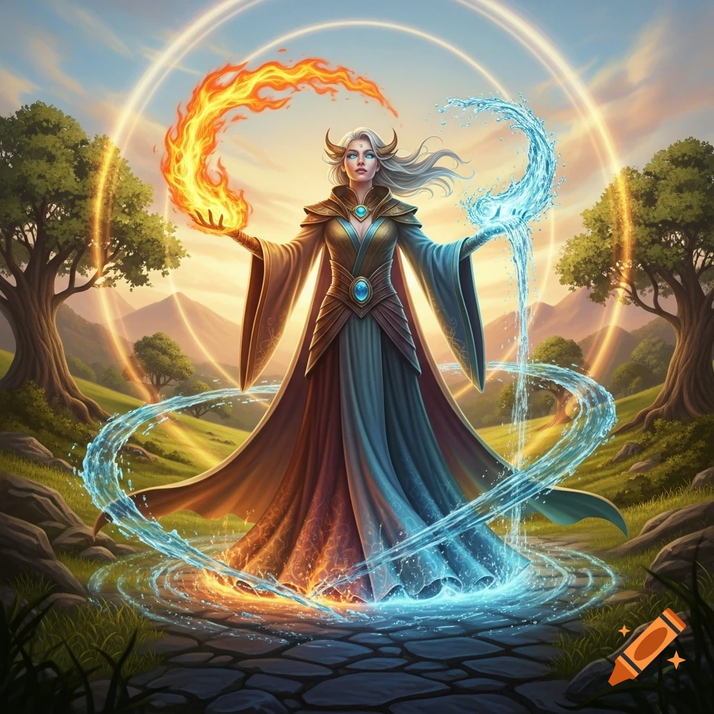 A sorceress with white hair controls fire and water, standing in a magical elemental circle in a lush fantasy landscape.