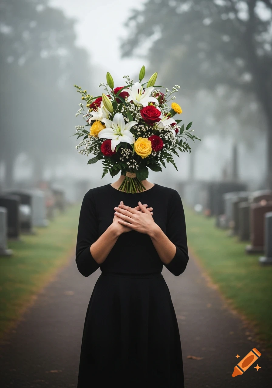 A person in a black dress stands in a foggy cemetery, with a bouquet of red, white, and yellow flowers in place of their head.