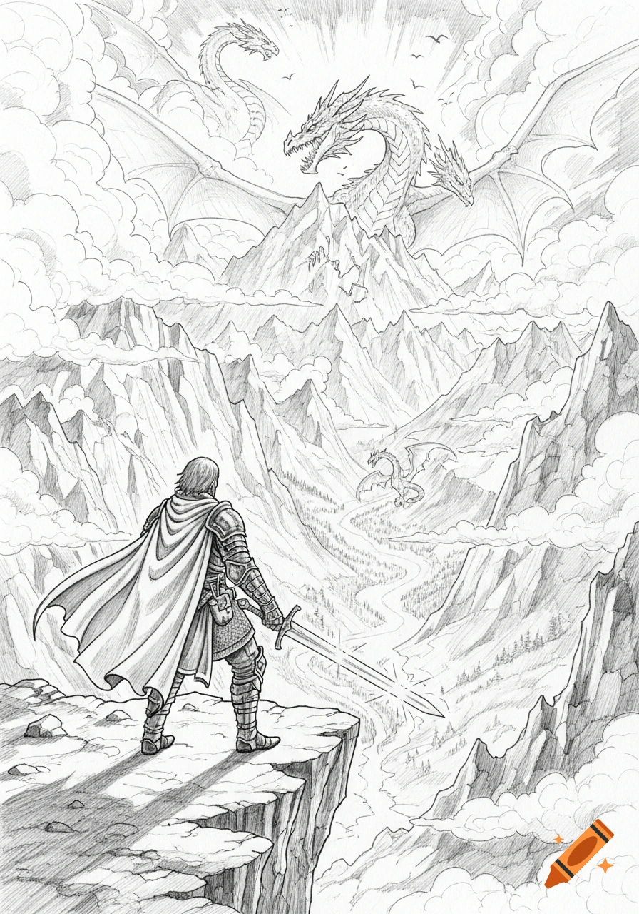 Pencil sketch of a knight on a cliff overlooking a valley with dragons flying over mountains.