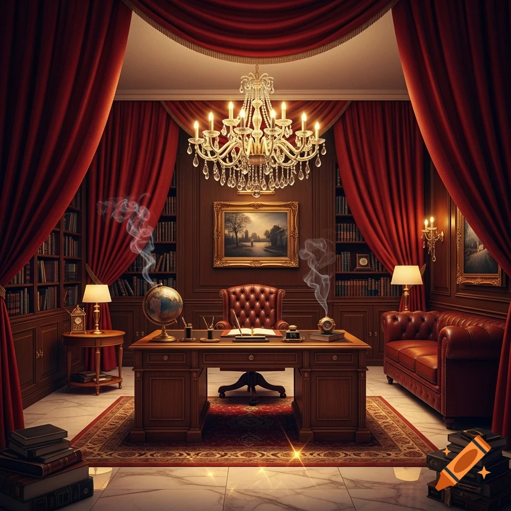 A luxurious, traditional study with a large wooden desk, leather armchair and sofa, red velvet curtains, a crystal chandelier, and bookshelves.